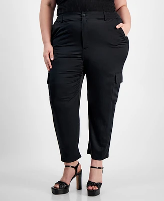 Bar Iii Trendy Plus Size Satin Cropped Cargo Pants, Created for Macy's