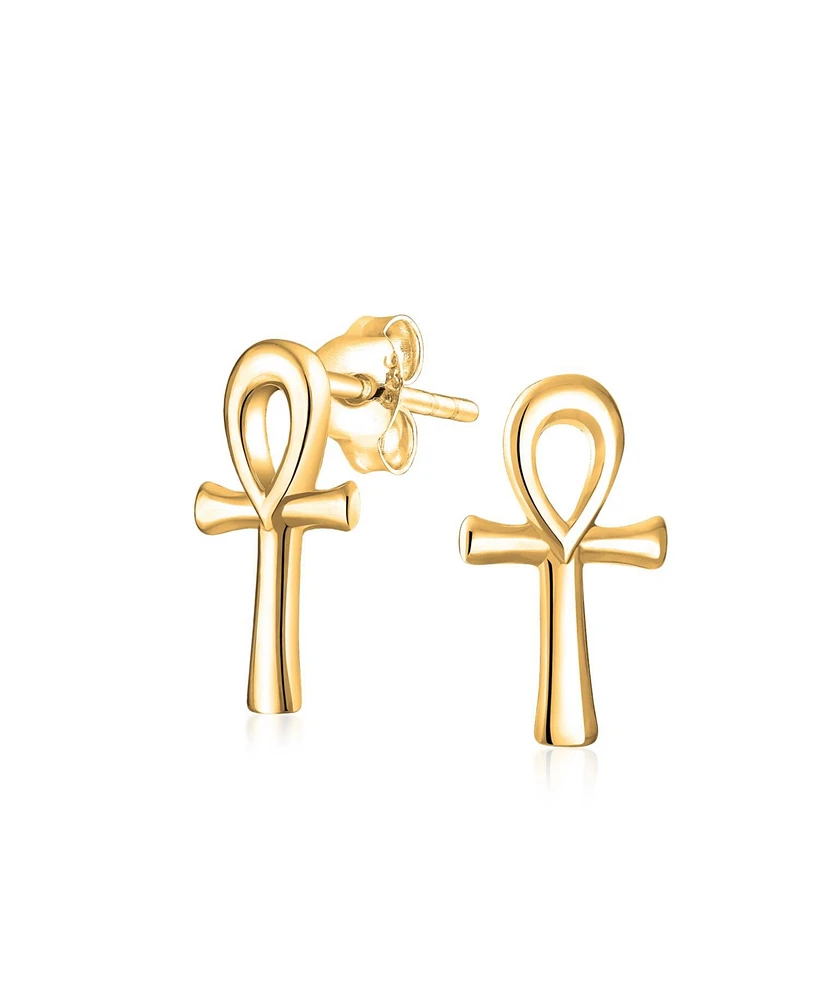 Bling Jewelry Minimalist Petite Delicate Religious Symbol of Life Egyptian Ankh Cross Stud Earrings For Women 14k Gold 2.5 Microns Vermeil Sterling Si