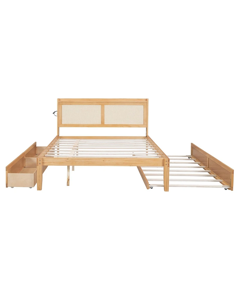 Simplie Fun Queen Elegant Bed Frame With Rattan Headboard And Sockets, Walnut