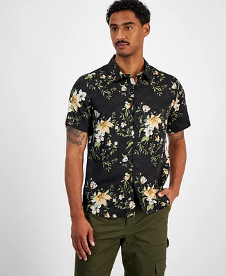 Guess Men's Charm Midnight Short Sleeve Button-Front Floral Print Shirt