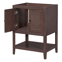24" Bathroom Vanity Base Only, Solid Wood Frame, Bathroom Storage Cabinet with Doors and Open Shelf, Brown