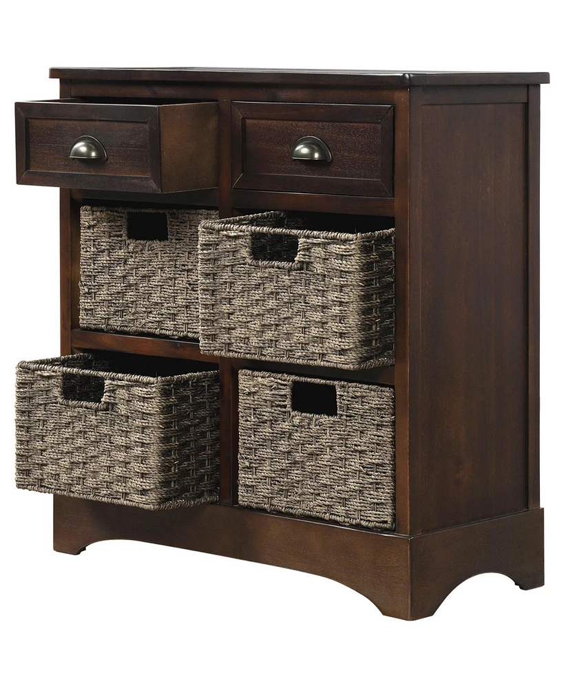 Simplie Fun Rustic Storage Cabinet With Two Drawers And Four Classic Rattan Basket