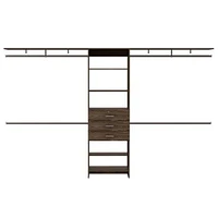 69" W - 118" W Drawers Closet System, Five Shelves, Four Hanging Rods, Three Drawers - Dark Walnut