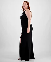 City Studios Trendy Plus Split-Neck High-Slit Scuba Gown