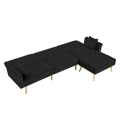 Simplie Fun Modern Velvet Upholstered Reversible Sectional Sofa Bed, L-Shaped Couch With Movable Ottoman