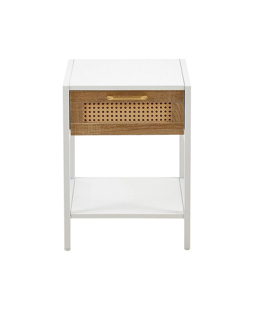 Simplie Fun Modern Rattan End Table with Drawer, Metal Legs in White