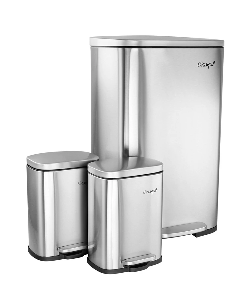 Elama 3 Piece 50 Liter and 5 Liter Stainless Steel Step Trash Bin Combo Set with Slow Close Mechanism