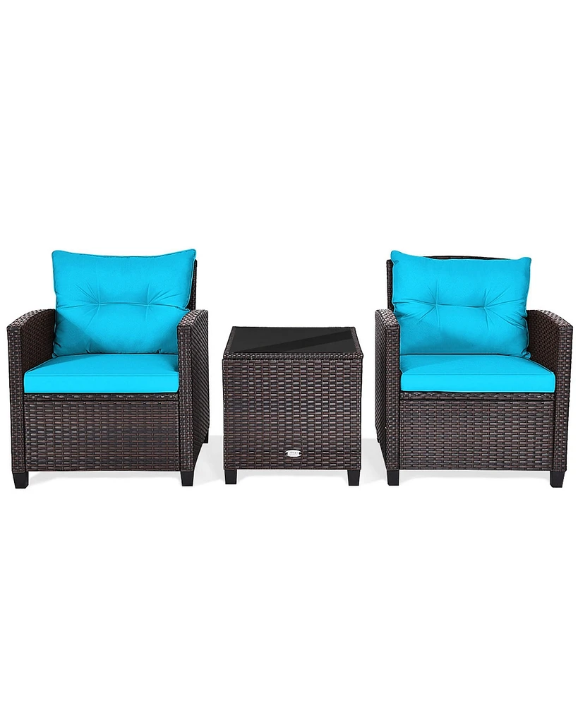 Gymax 3PCS Outdoor Patio Rattan Conversation Set w/ Coffee Table Turquoise Cushion