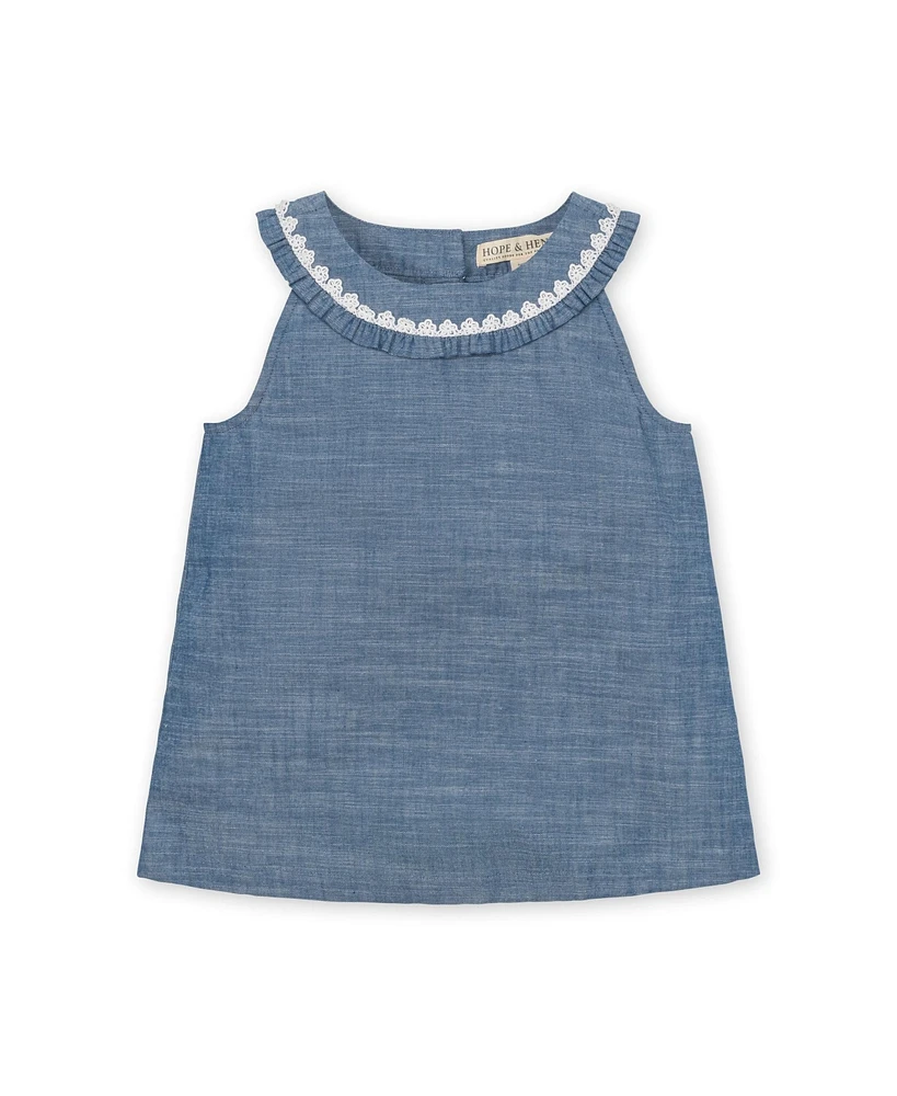 Hope & Henry Little Girls Organic Sleeveless Ruffle Collar Chambray Button Back Top