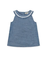 Hope & Henry Little Girls Organic Sleeveless Ruffle Collar Chambray Button Back Top