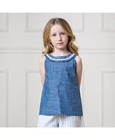 Hope & Henry Little Girls Organic Sleeveless Ruffle Collar Chambray Button Back Top