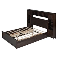 Queen Wooden Bed With All-In-One Cabinet, Shelf And Sockets