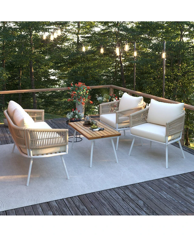 Boho Rope Patio Furniture Set, Acacia Wood Table, Navy