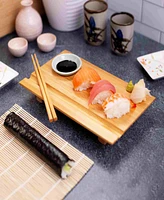 Joyce Chen 3pc Burnished Real Sushi Board Set. 3pc set includes a real sushi board, ceramic soy sauce dish, pair of chopsticks.