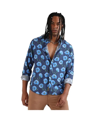 Campus Sutra Men's EcoLiva Indigo Blue Flora Block Shirt