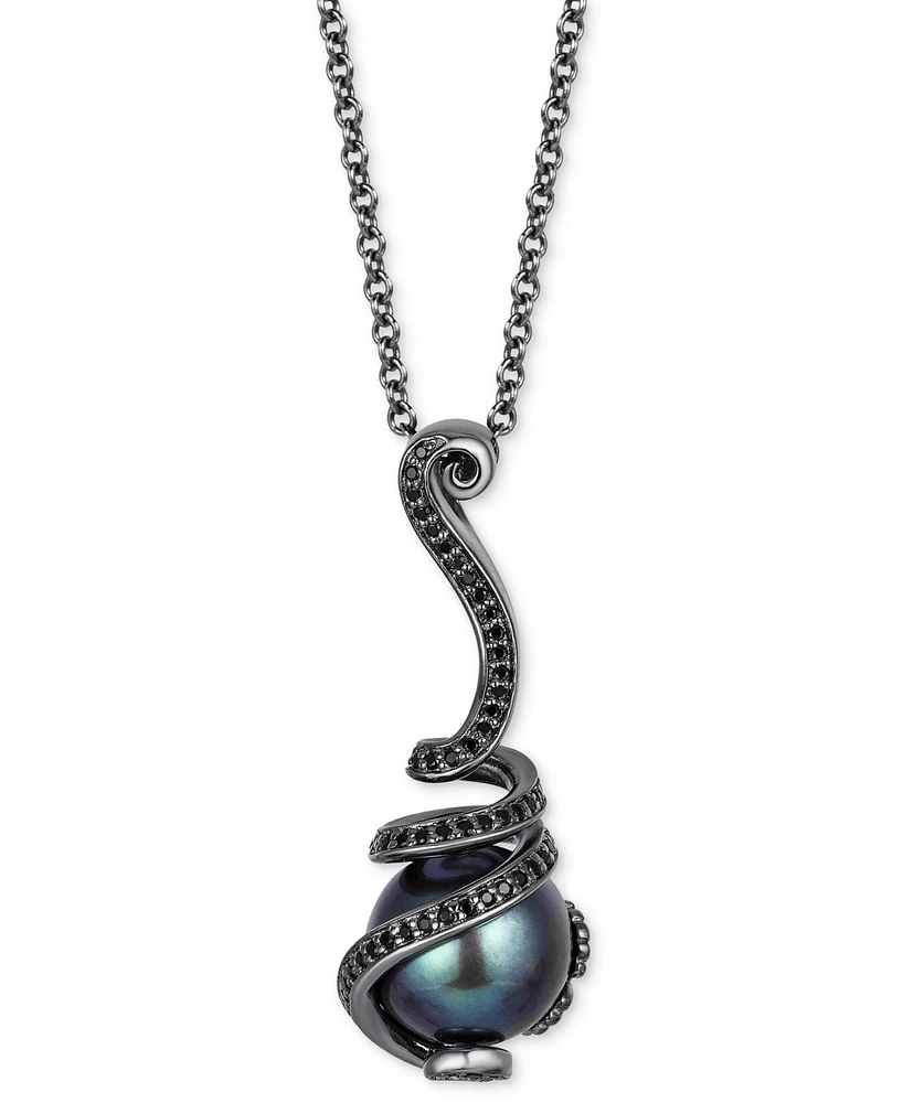 Black Drill Pearl (10mm) & Black Diamond (1/4 ct. t.w.) Ursula Tentacle Pendant Necklace in Black Rhodium-Plated Sterling Silver, 16" + 1" extender