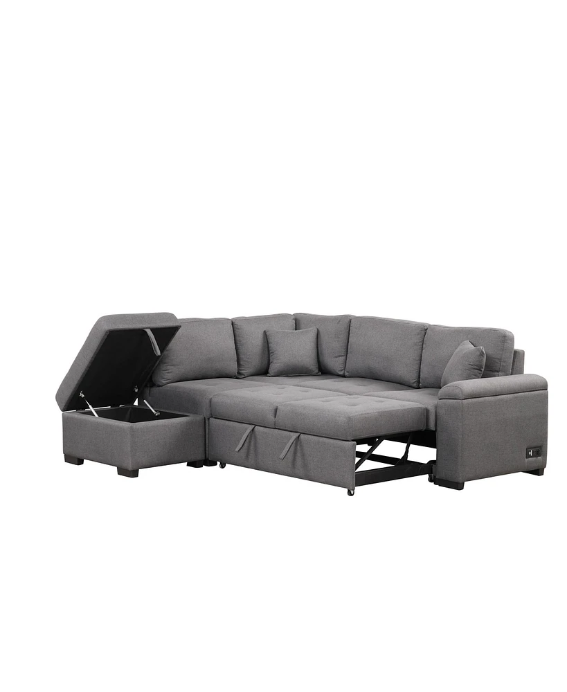 Streamdale Furniture Gray L-Shape Sleeper Sectional Sofa with Storage & Usb Charge