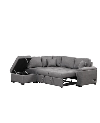 Simplie Fun Gray L-Shape Sleeper Sectional Sofa with Storage & Usb Charge