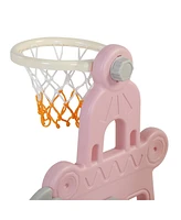 Streamdale Furniture 3-in-1 Kids Swing & Slide Set with Basketball Hoop, Pink+Gray