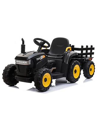 Simplie Fun 12V Kids Ride On Tractor With Trailer, Battery Powered Electric Car - Black