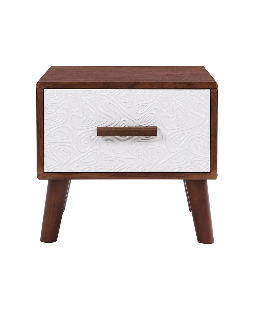 Simplie Fun Embossed White End Table with Drawer and Wood Legs