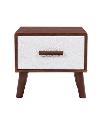 Simplie Fun Embossed White End Table with Drawer and Wood Legs
