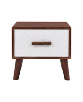 Simplie Fun Embossed White End Table with Drawer and Wood Legs