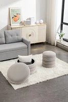 Boucle Fabric Storage Round Ottoman Footstool With Wooden Shelving, Ivory