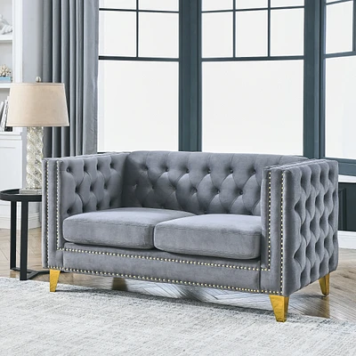 Simplie Fun Modern Grey Velvet Sofa with Button Tufted Arms