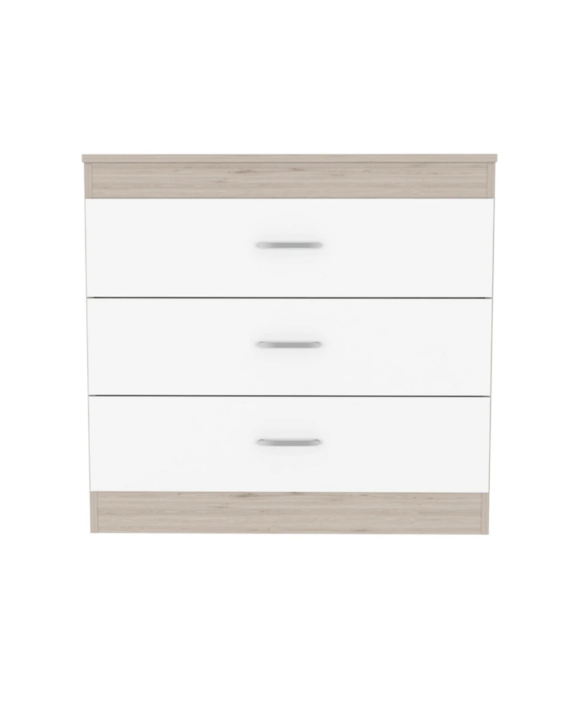 Simplie Fun Melia Three Drawer Dresser, Superior Top, Metal Hardware - Light Gray White