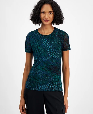 Bar Iii Women's Printed-Mesh Short-Sleeve Top, Created for Macy's