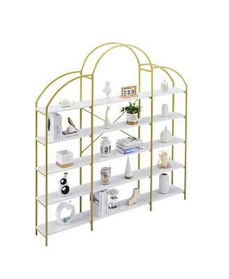 Simplie Fun 74.8 Inch 5 Tiers Office Bookcase Bookshelf, Display Shelf With Round Top, X Bar Frame