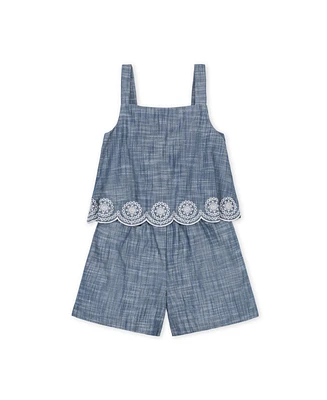 Hope & Henry Big Girls Organic Faux Tank Scallop Edge Chambray Romper