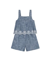 Hope & Henry Big Girls Organic Faux Tank Scallop Edge Chambray Romper