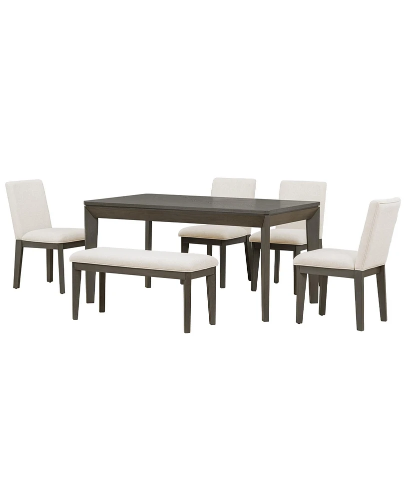 Simplie Fun 6-Piece Dining Table Set With Upholstered Dining Chairs And Bench, Farmhouse Style, Tapered Legs