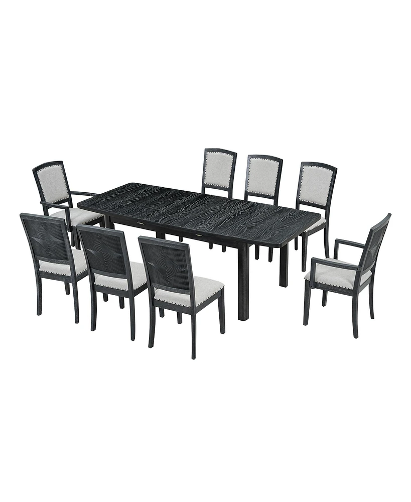 Simplie Fun 9-Piece Rustic Dining Set with 24" Leaf, 8 Chairs, Natural Finish