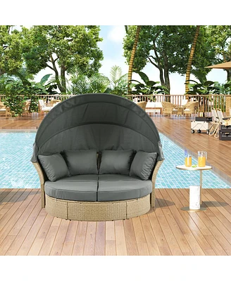 Wicker Rattan Round Daybed with Canopy & Pillows