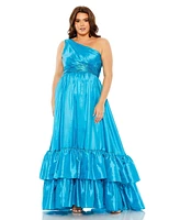 Mac Duggal Women's Plus One Shoulder Asymmetrical Ruffle Hem Gown