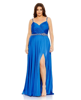 Mac Duggal Plus Size Beaded Belt Faux Wrap A Line Gown