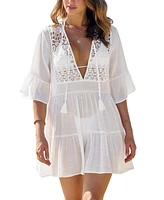 Cupshe Women's White Half Sleeve Tassel Tie Mini Cover-Up Beach Dress