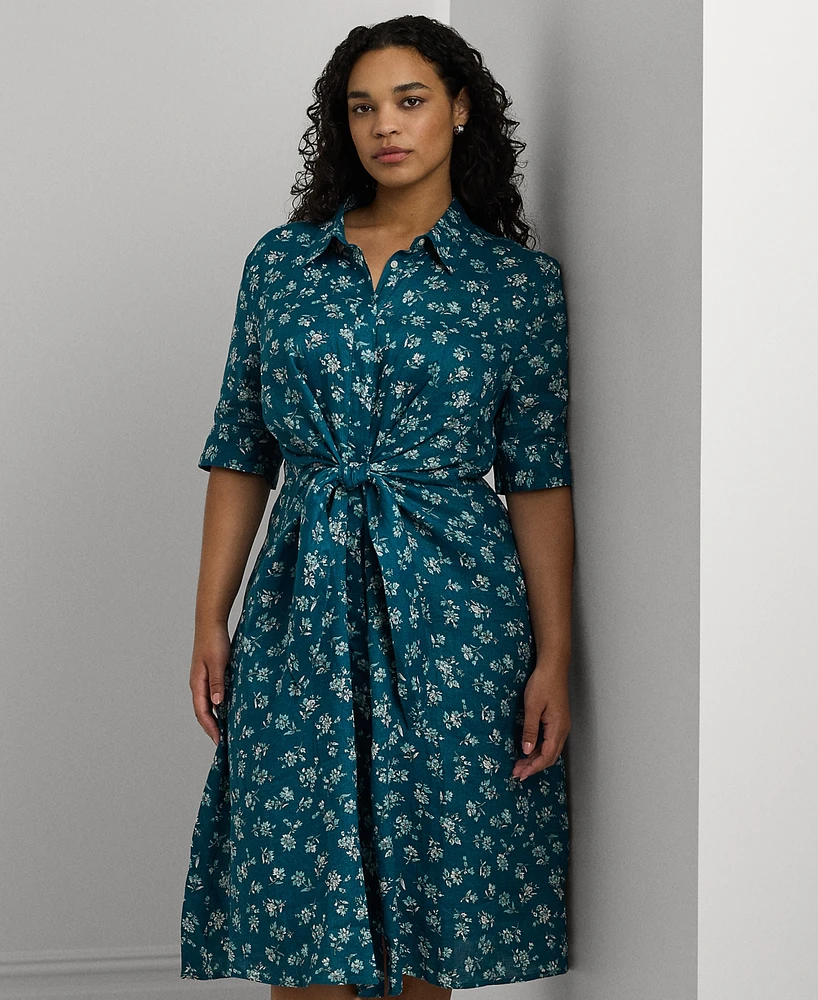 Lauren Ralph Plus Tie-Front Floral Linen Shirtdress