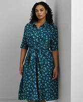 Lauren Ralph Plus Tie-Front Floral Linen Shirtdress