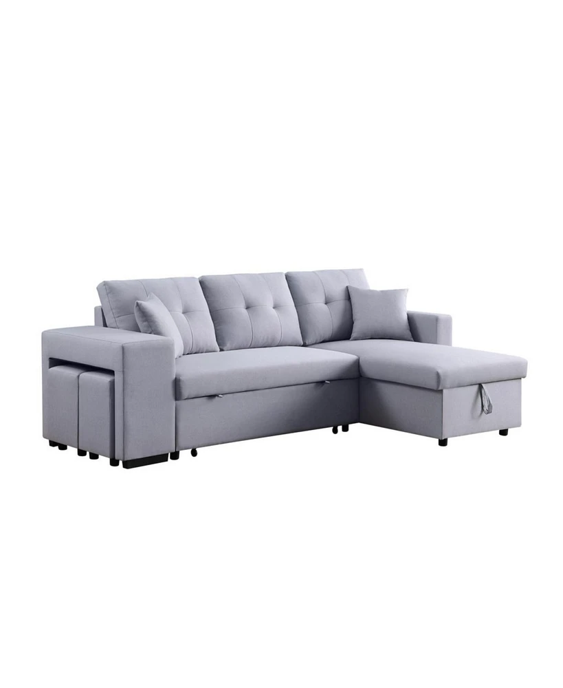 Simplie Fun Dennis Light Gray Linen Fabric Reversible Sleeper Sectional With Storage Chaise And 2 Stools