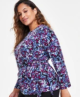 Kasper Plus Printed Long Sleeve Twist-Side Top