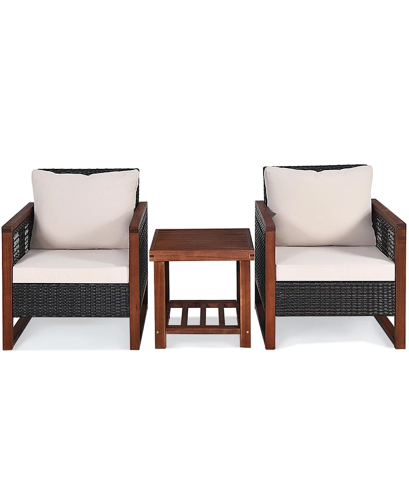 Gymax 3PCS Rattan Wicker Patio Conversation Set Outdoor Furniture Set w/ Cushion