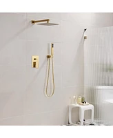 Mondawe 2 Functions Wall Mounted Square Shower System with Rough-in Valve in Brushed Gold