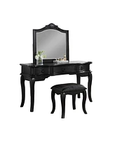 Simplie Fun Black Vanity Set with Stool, Retro Style Drawers, Mirror & Floral Crown Molding