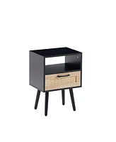 Simplie Fun Rattan End table with drawer and solid wood legs, Modern nightstand, side table for living room, bedroom, black