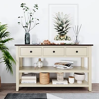 Retro Design Console Table With Two Open Shelves, Pine Solid Wood Frame And Legs
