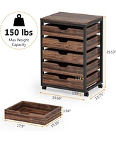 Tribesigns 5 Drawer Chest, Wood Storage Dresser Cabinet with Wheels, Industrial Storage Drawer Organizer Cart for Office Bedroom Entryway, Rustic Brow